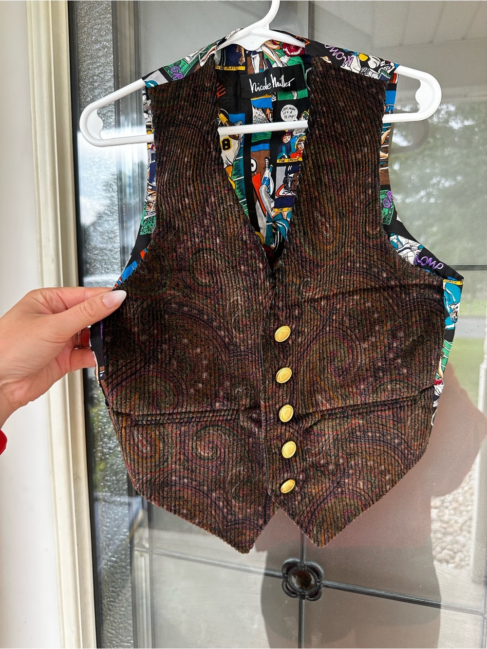 90s vintage nicole Miller Brown Paisley Corduroy Vest with Colorful Comic-Print